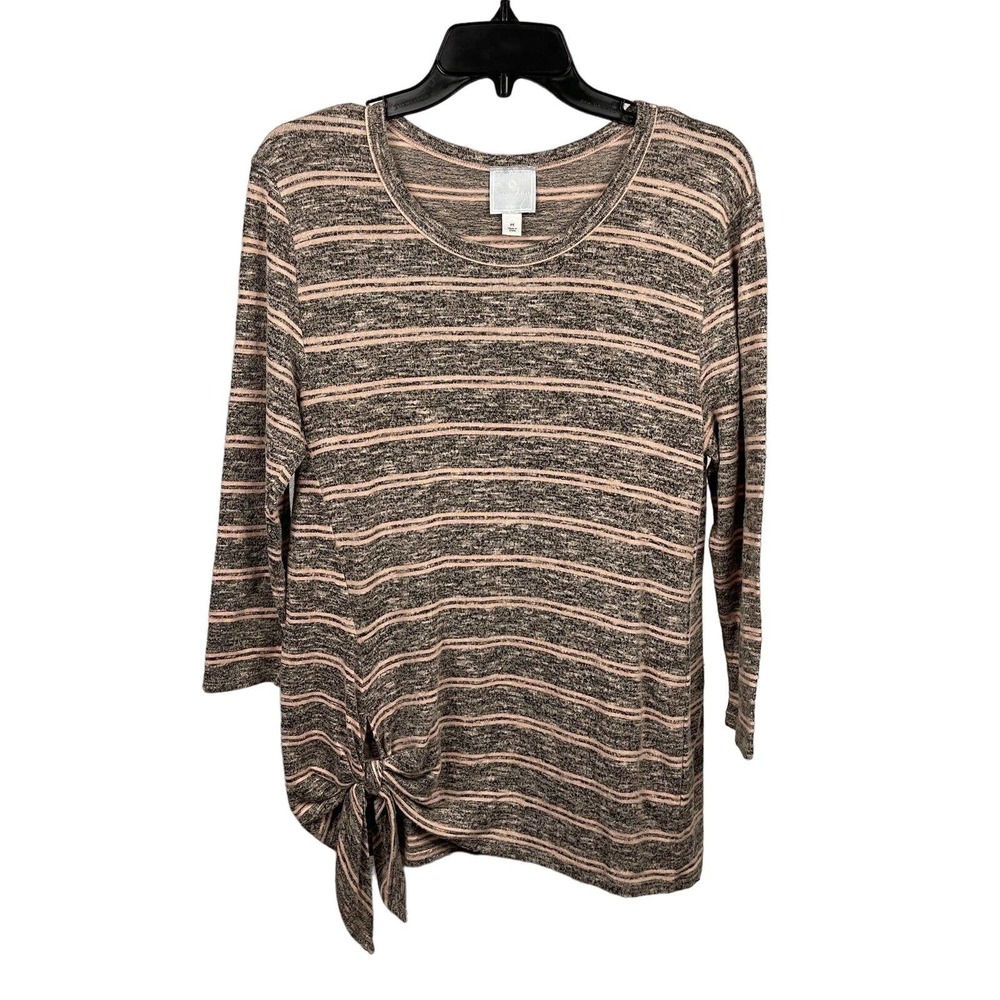 Dressbarn Sunday Womens Size M Striped Sweater 3/4 Sleeve Tie Front Gray Pink
